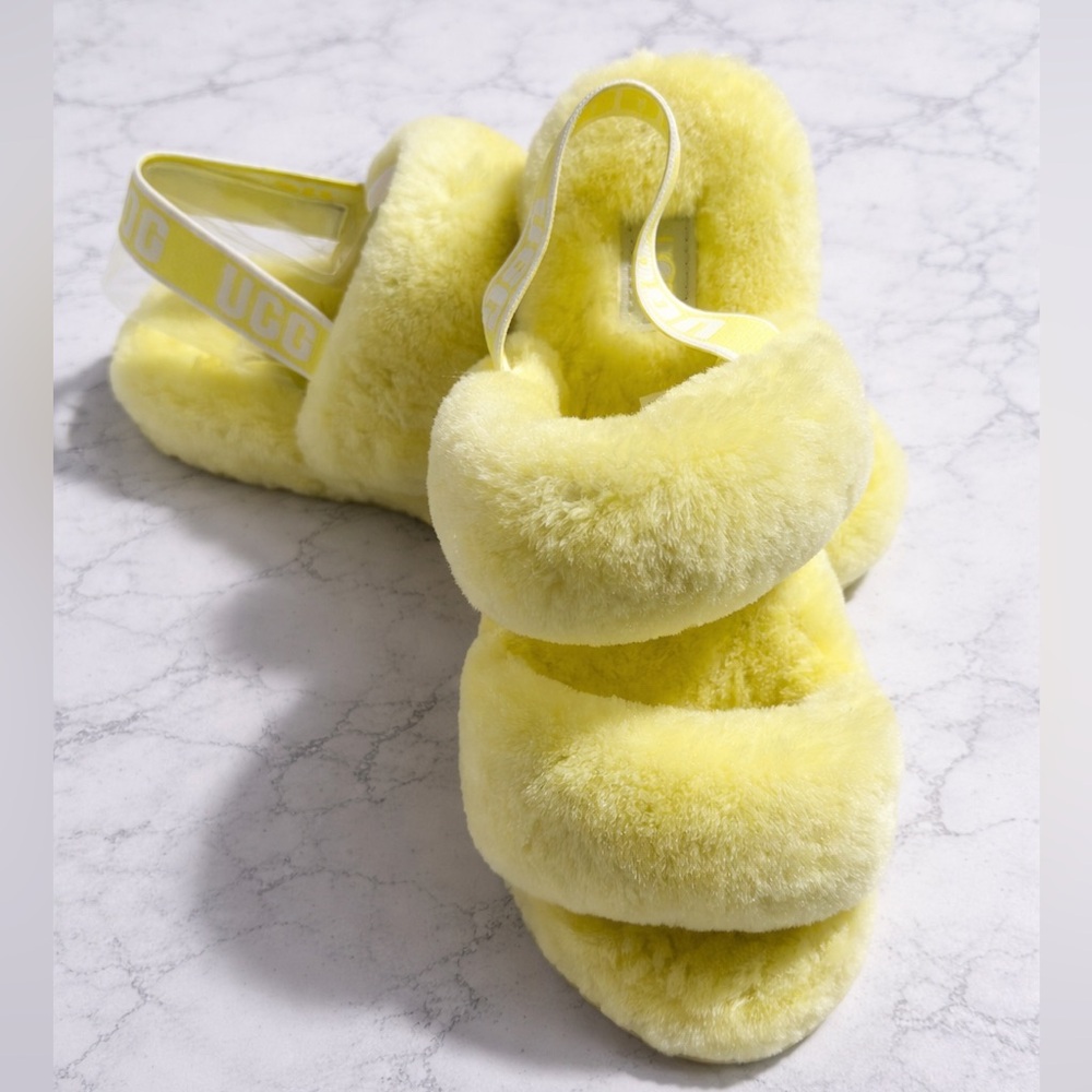 UGG Oh Yeah Yellow Fluffy Slides Women’s Size 9 New